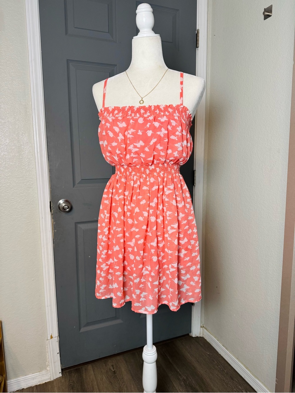 Coral Pink Butterfly Print Mini Dress Smocked Shirred Waist Cami Sundress Medium